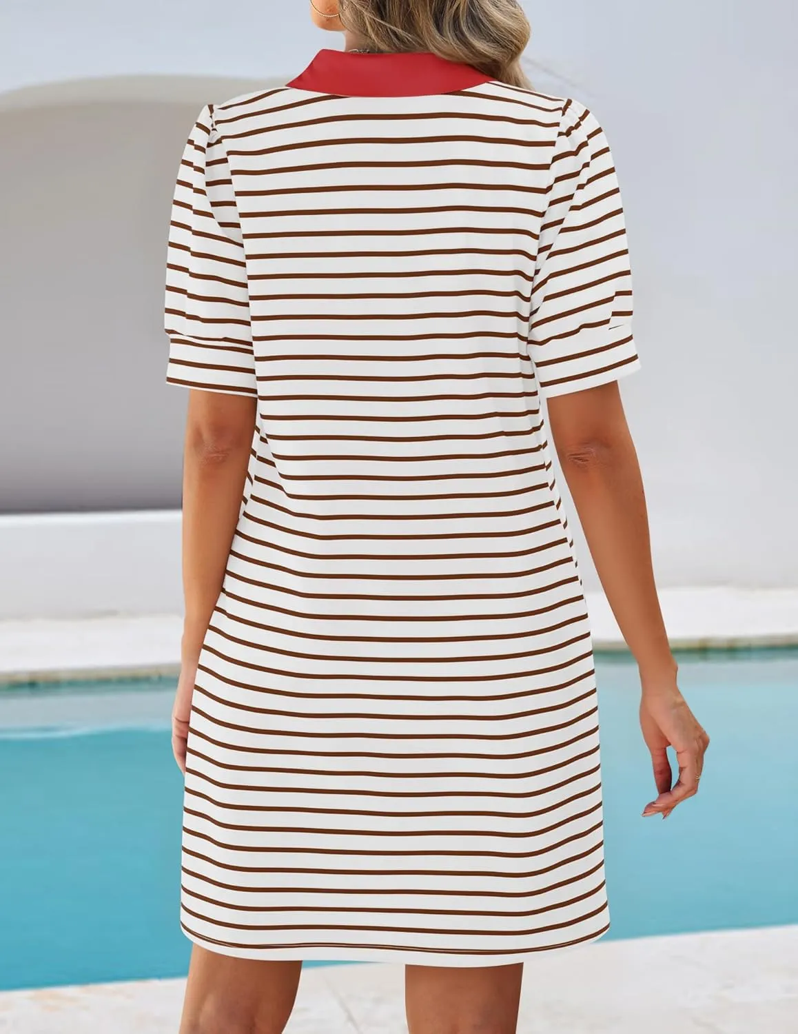 ZESICA Women's Summer Casual Striped Mini Dresses 2025 Lapel V Neck Short Sleeve Flowy A Line T Shirt Dress
