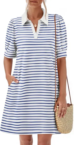 ZESICA Women's Summer Casual Striped Mini Dresses 2025 Lapel V Neck Short Sleeve Flowy A Line T Shirt Dress