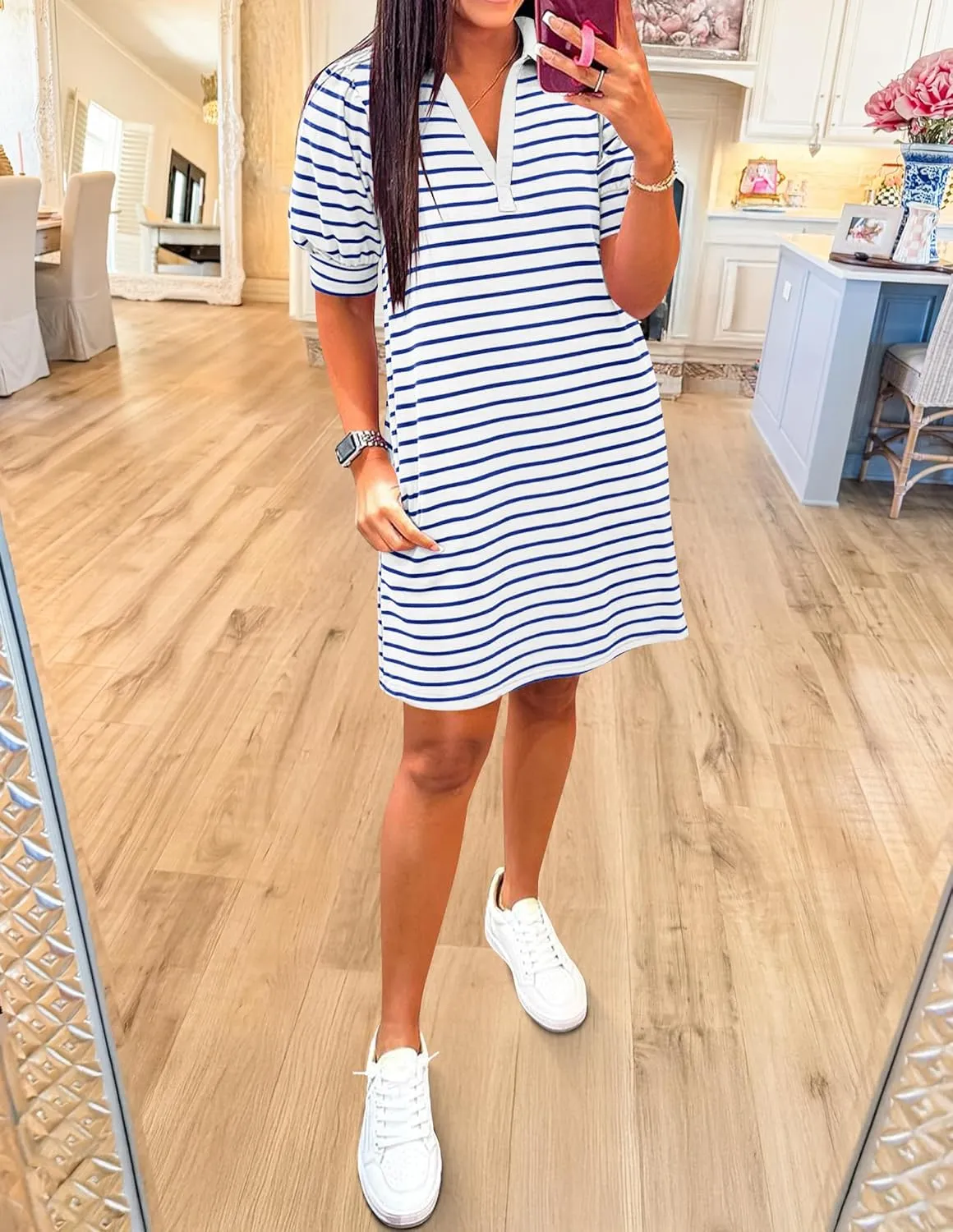 ZESICA Women's Summer Casual Striped Mini Dresses 2025 Lapel V Neck Short Sleeve Flowy A Line T Shirt Dress