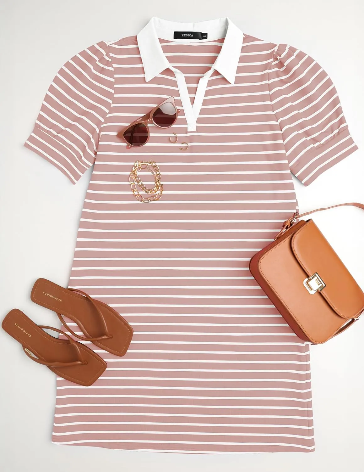 ZESICA Women's Summer Casual Striped Mini Dresses 2025 Lapel V Neck Short Sleeve Flowy A Line T Shirt Dress