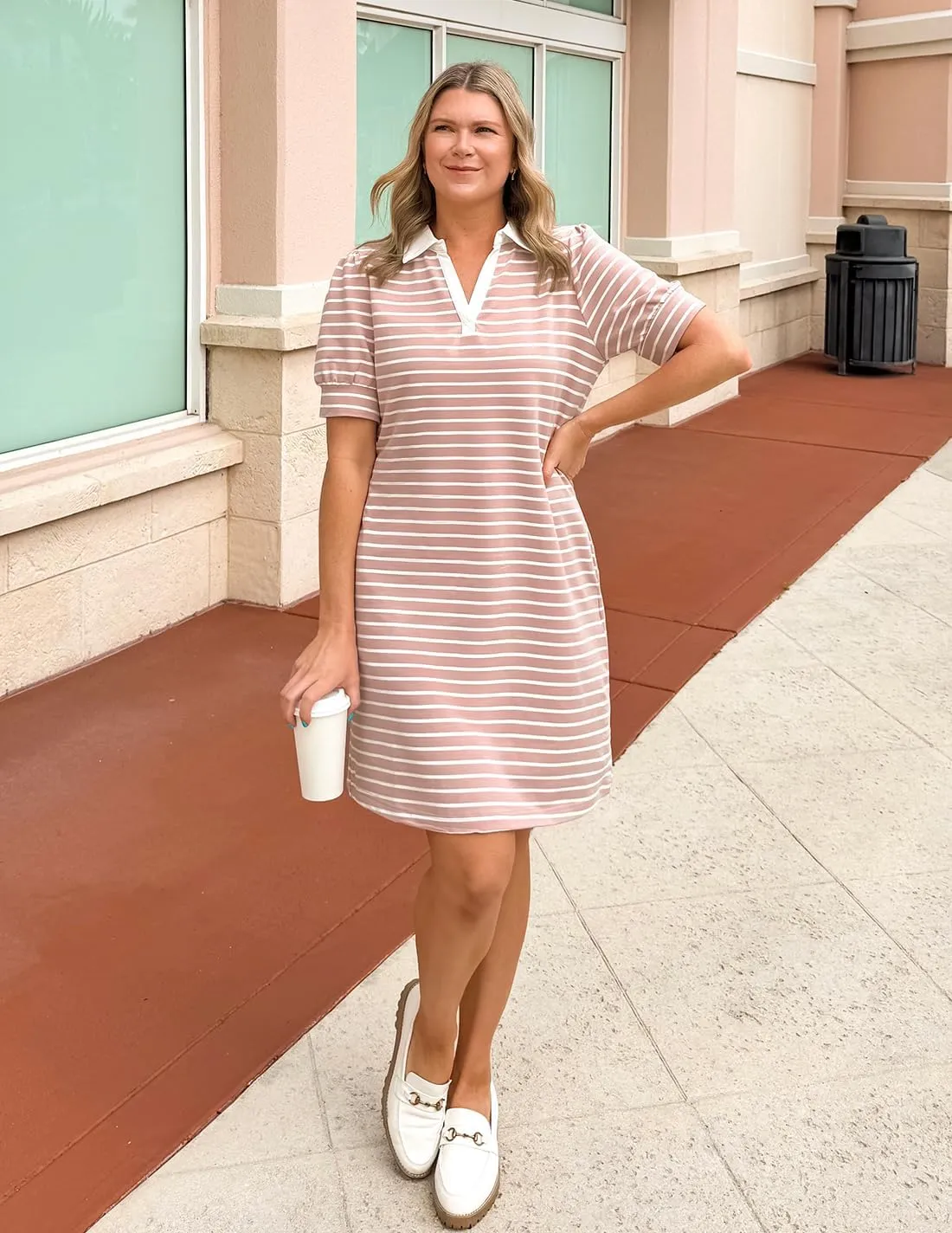 ZESICA Women's Summer Casual Striped Mini Dresses 2025 Lapel V Neck Short Sleeve Flowy A Line T Shirt Dress