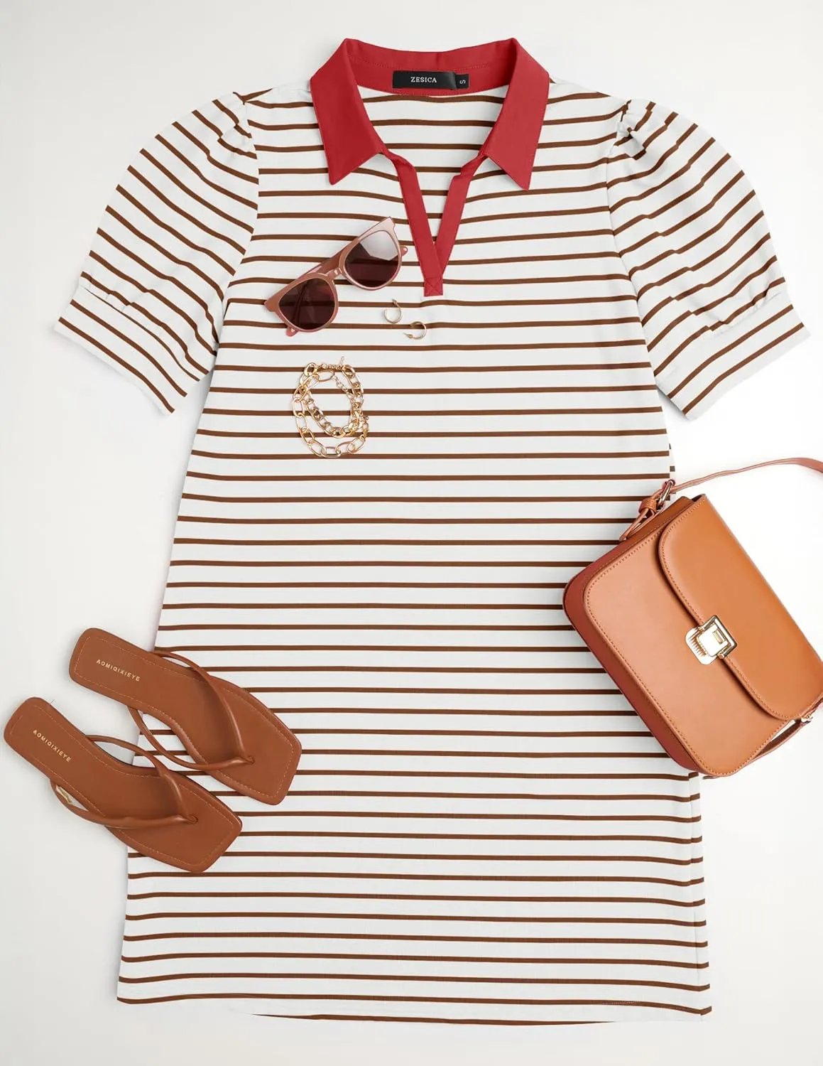 ZESICA Women's Summer Casual Striped Mini Dresses 2025 Lapel V Neck Short Sleeve Flowy A Line T Shirt Dress