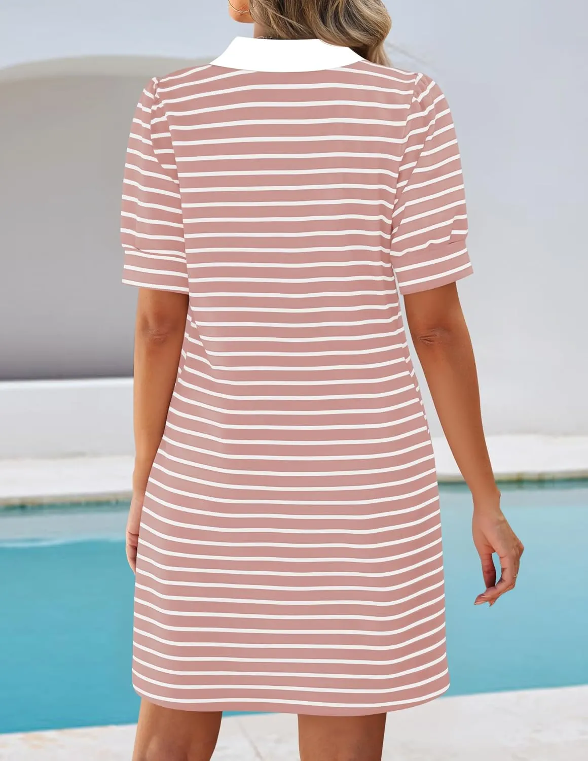 ZESICA Women's Summer Casual Striped Mini Dresses 2025 Lapel V Neck Short Sleeve Flowy A Line T Shirt Dress