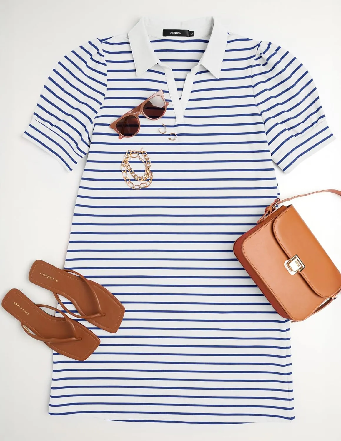 ZESICA Women's Summer Casual Striped Mini Dresses 2025 Lapel V Neck Short Sleeve Flowy A Line T Shirt Dress