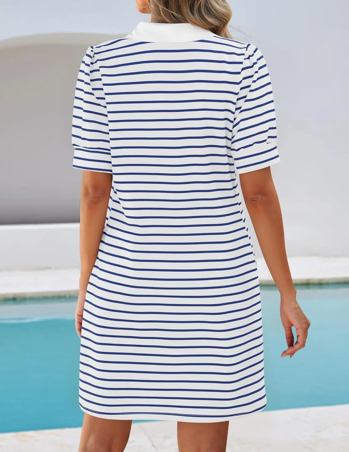 ZESICA Women's Summer Casual Striped Mini Dresses 2025 Lapel V Neck Short Sleeve Flowy A Line T Shirt Dress