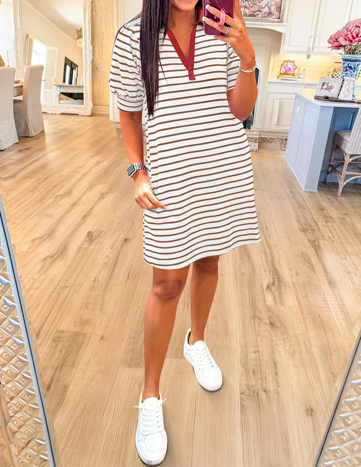 ZESICA Women's Summer Casual Striped Mini Dresses 2025 Lapel V Neck Short Sleeve Flowy A Line T Shirt Dress