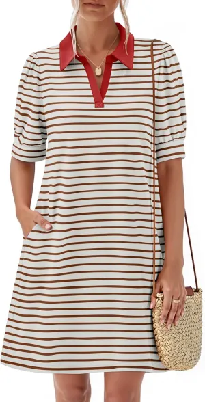 ZESICA Women's Summer Casual Striped Mini Dresses 2025 Lapel V Neck Short Sleeve Flowy A Line T Shirt Dress