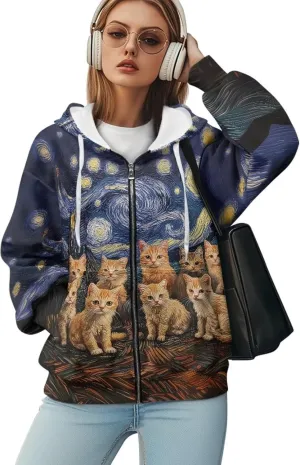 Zip up Sweatshirt for Women Drawstring Printed Loose Casual Hoodies Fall Jacket Oversized with Pocket