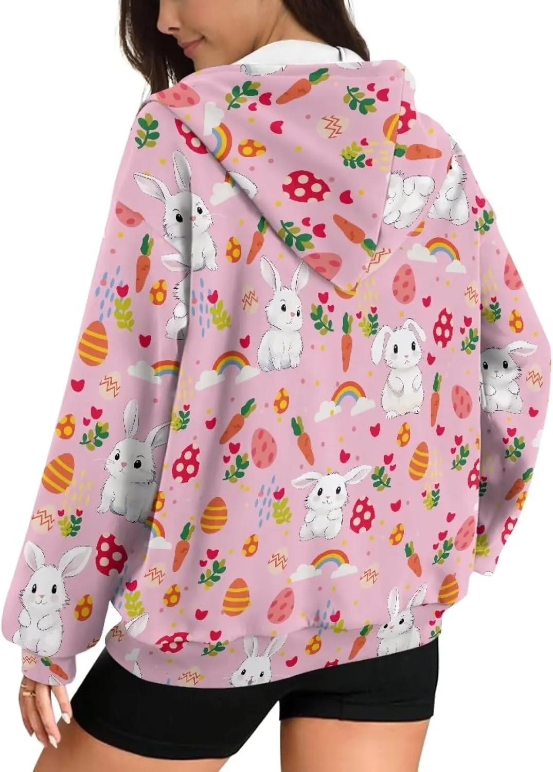 Zip up Sweatshirt for Women Drawstring Printed Loose Casual Hoodies Fall Jacket Oversized with Pocket