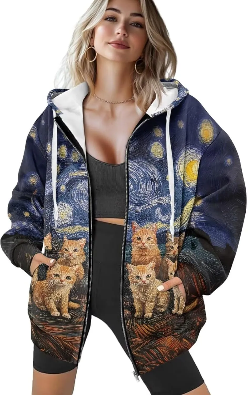 Zip up Sweatshirt for Women Drawstring Printed Loose Casual Hoodies Fall Jacket Oversized with Pocket