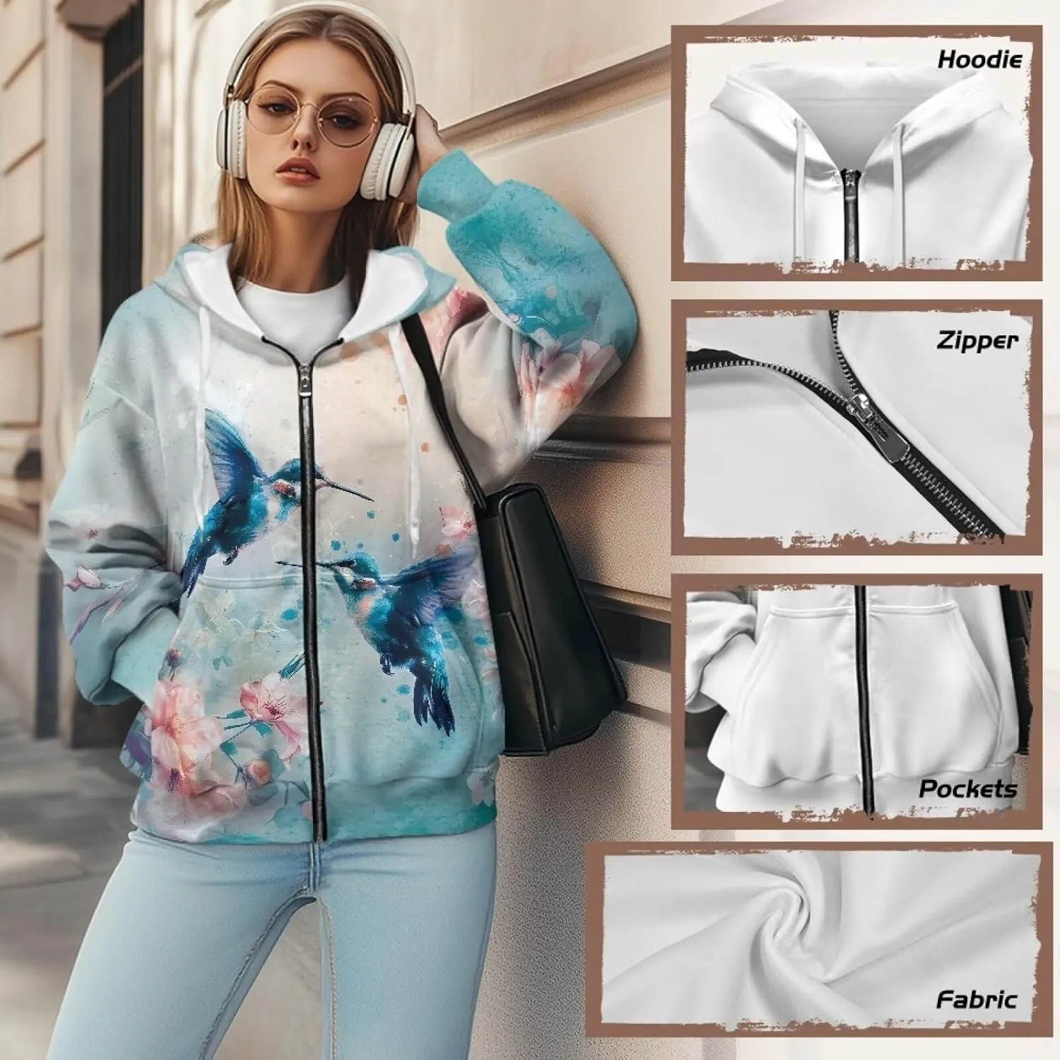 Zip up Sweatshirt for Women Drawstring Printed Loose Casual Hoodies Fall Jacket Oversized with Pocket
