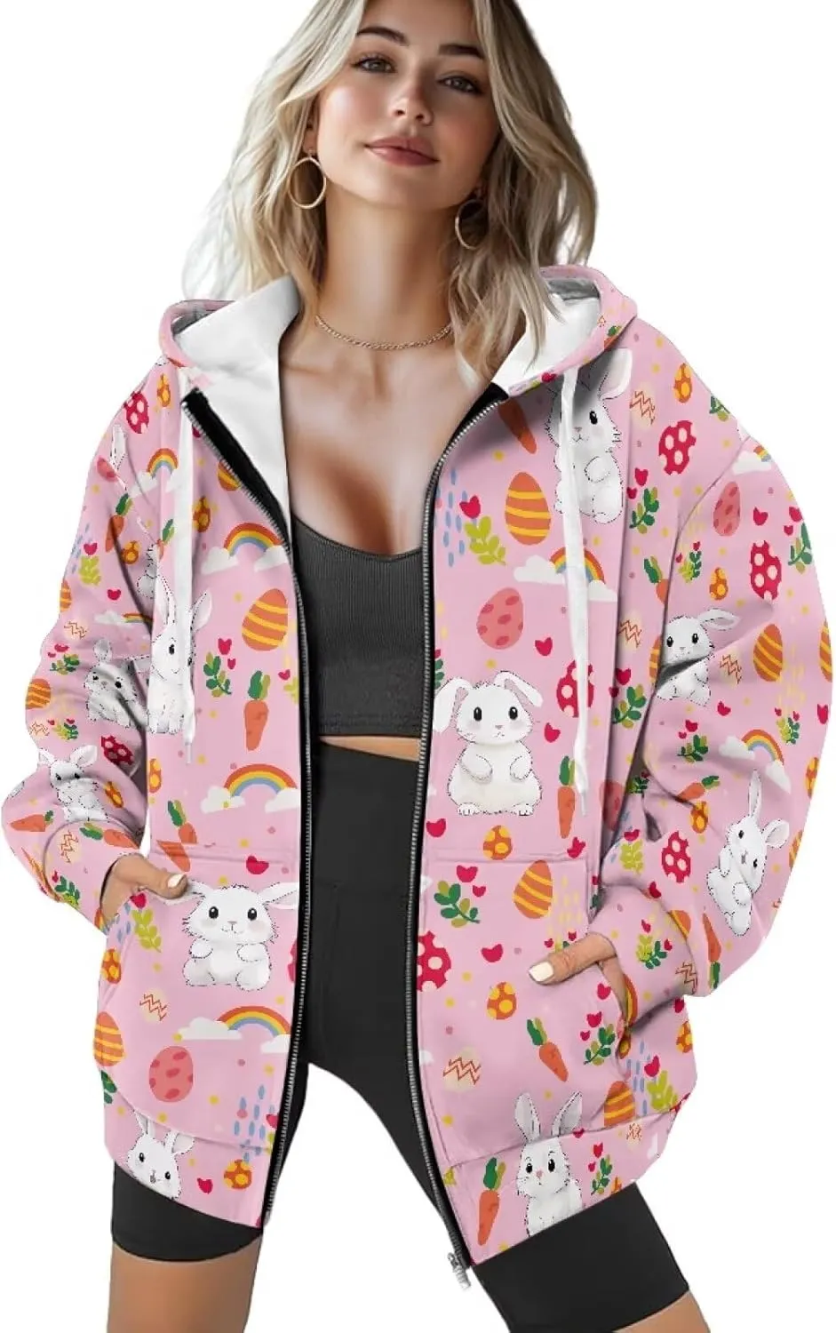 Zip up Sweatshirt for Women Drawstring Printed Loose Casual Hoodies Fall Jacket Oversized with Pocket