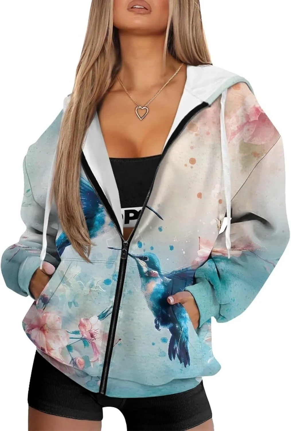 Zip up Sweatshirt for Women Drawstring Printed Loose Casual Hoodies Fall Jacket Oversized with Pocket
