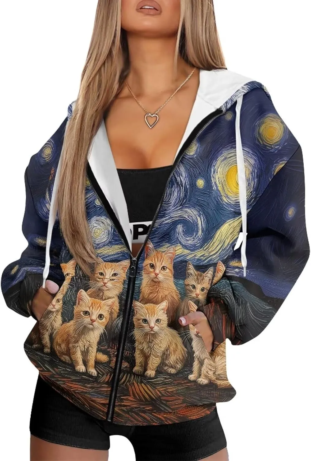 Zip up Sweatshirt for Women Drawstring Printed Loose Casual Hoodies Fall Jacket Oversized with Pocket