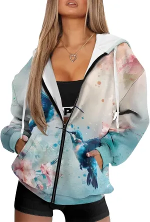 Zip up Sweatshirt for Women Drawstring Printed Loose Casual Hoodies Fall Jacket Oversized with Pocket