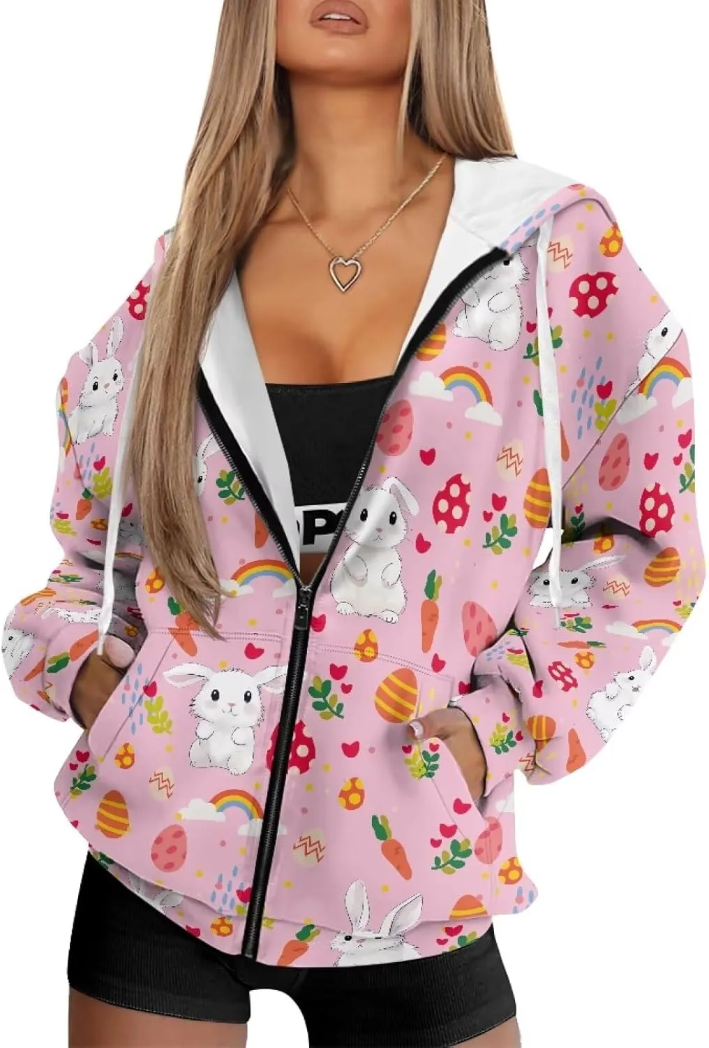 Zip up Sweatshirt for Women Drawstring Printed Loose Casual Hoodies Fall Jacket Oversized with Pocket