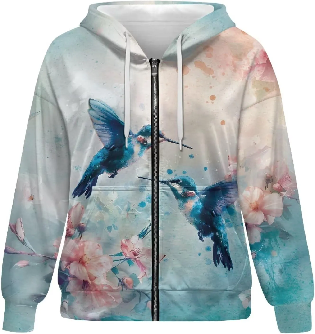 Zip up Sweatshirt for Women Drawstring Printed Loose Casual Hoodies Fall Jacket Oversized with Pocket