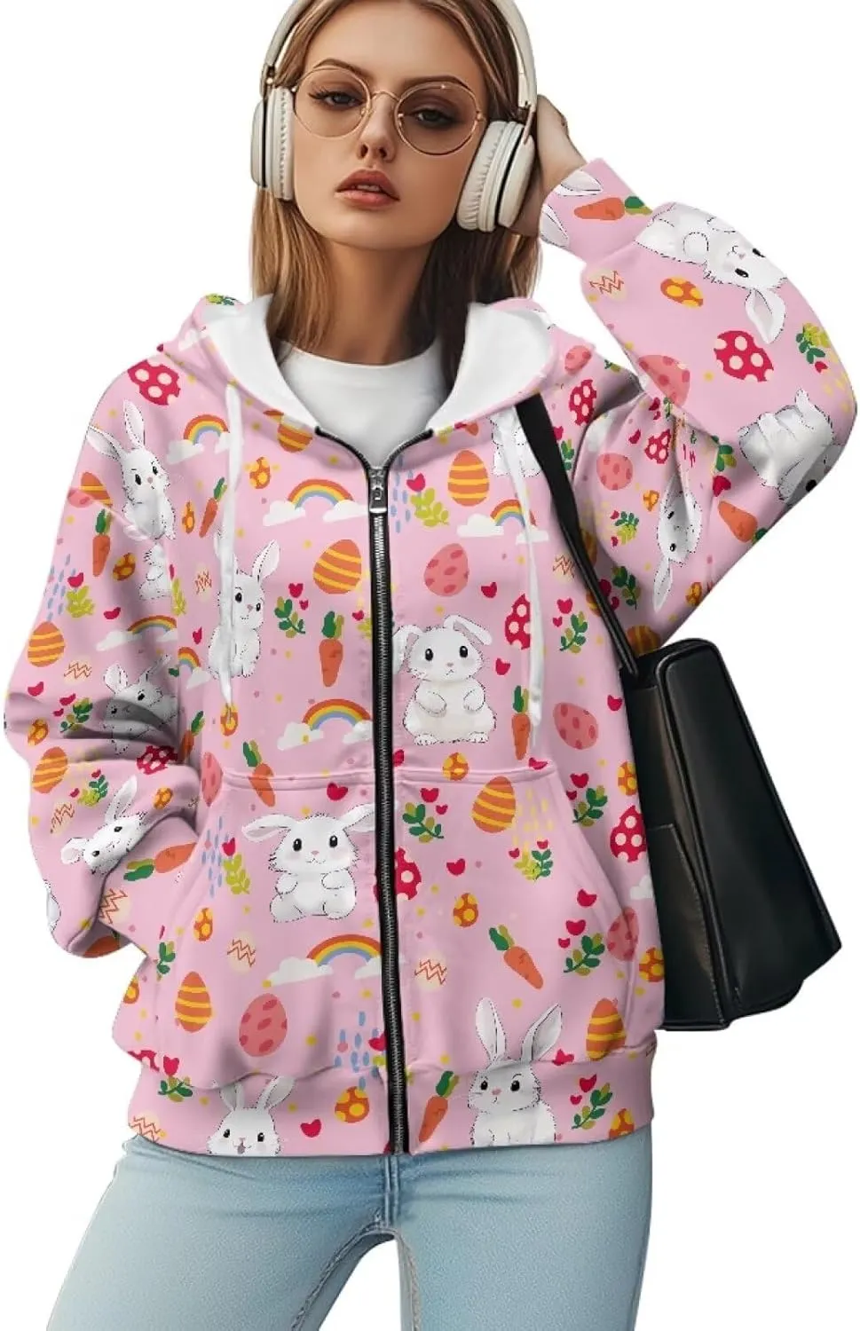 Zip up Sweatshirt for Women Drawstring Printed Loose Casual Hoodies Fall Jacket Oversized with Pocket