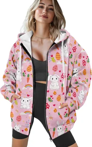 Zip up Sweatshirt for Women Drawstring Printed Loose Casual Hoodies Fall Jacket Oversized with Pocket