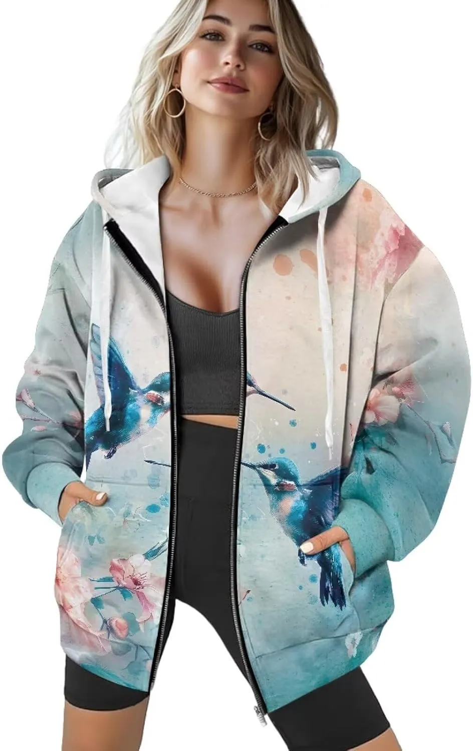 Zip up Sweatshirt for Women Drawstring Printed Loose Casual Hoodies Fall Jacket Oversized with Pocket